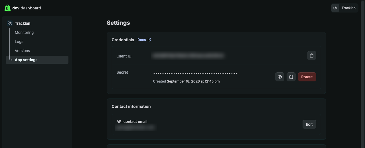The Credentials section with the Client ID and the masked Secret