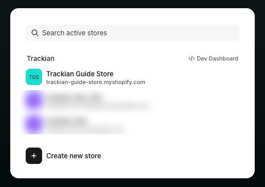 Shopify's store picker listing the stores in your organization