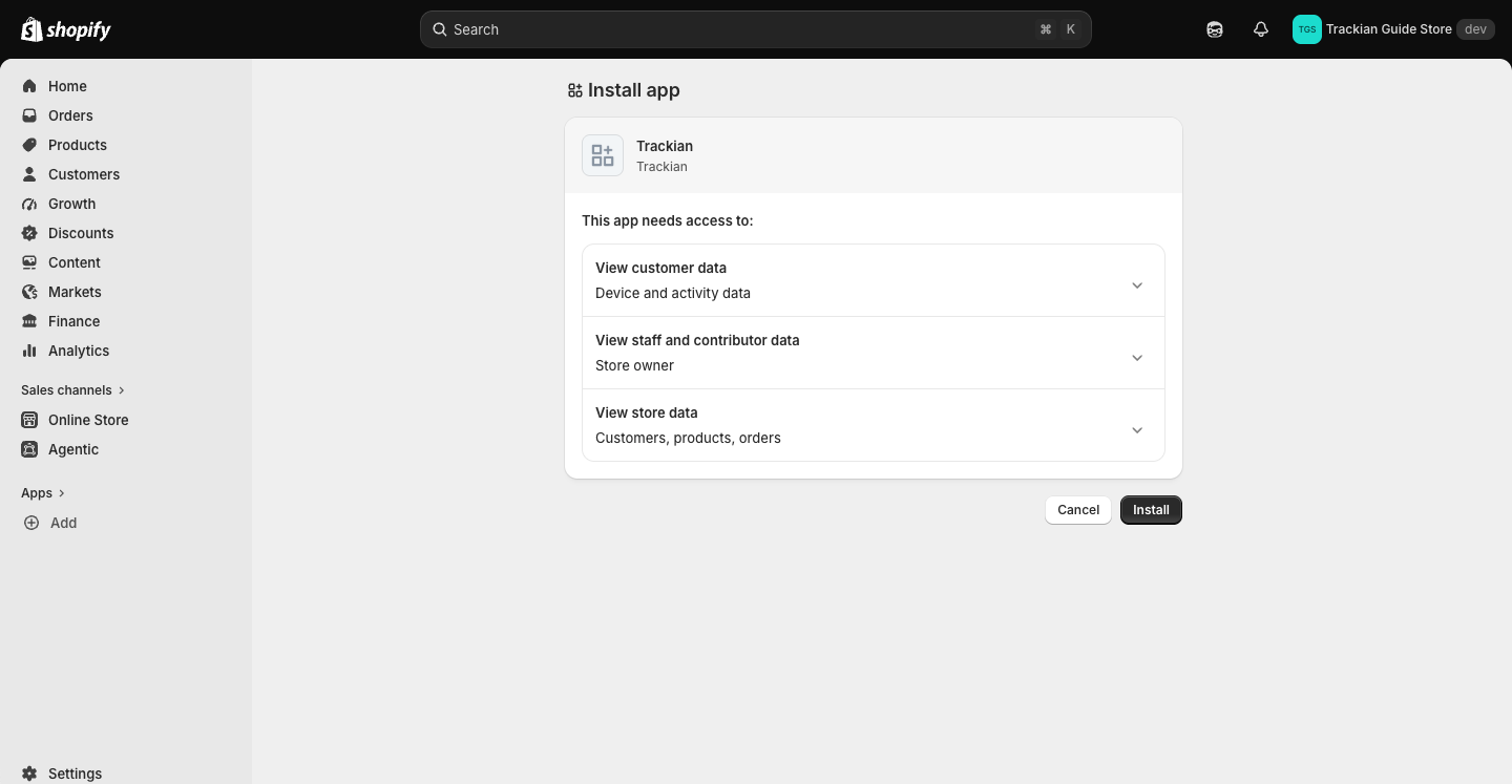 Shopify's Install app screen listing the access the app needs
