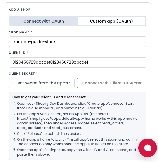 The Custom app tab with the shop name and Client ID filled in