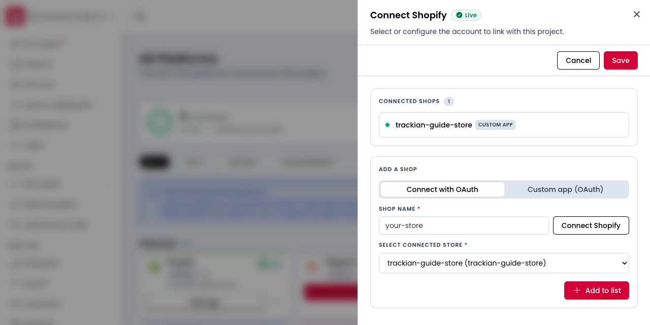 The connected store listed under Connected shops with a Custom app badge