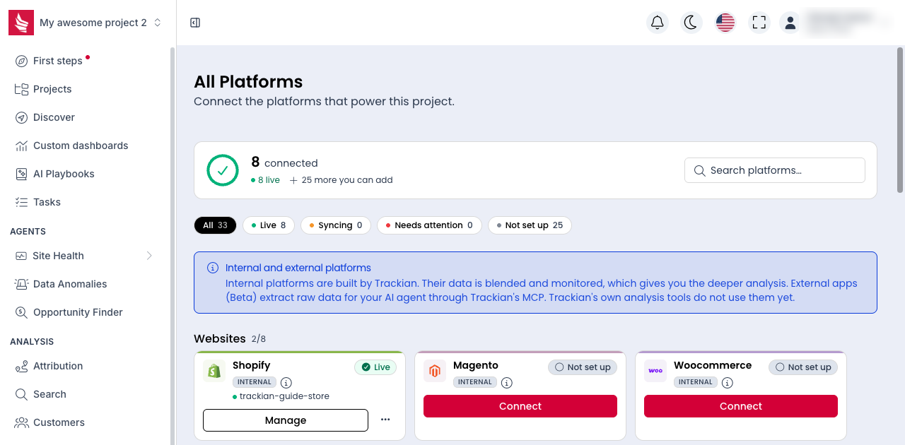 The Shopify card showing Live status and the store handle