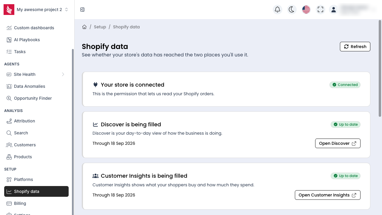 The Shopify data page showing the store connected and both areas up to date