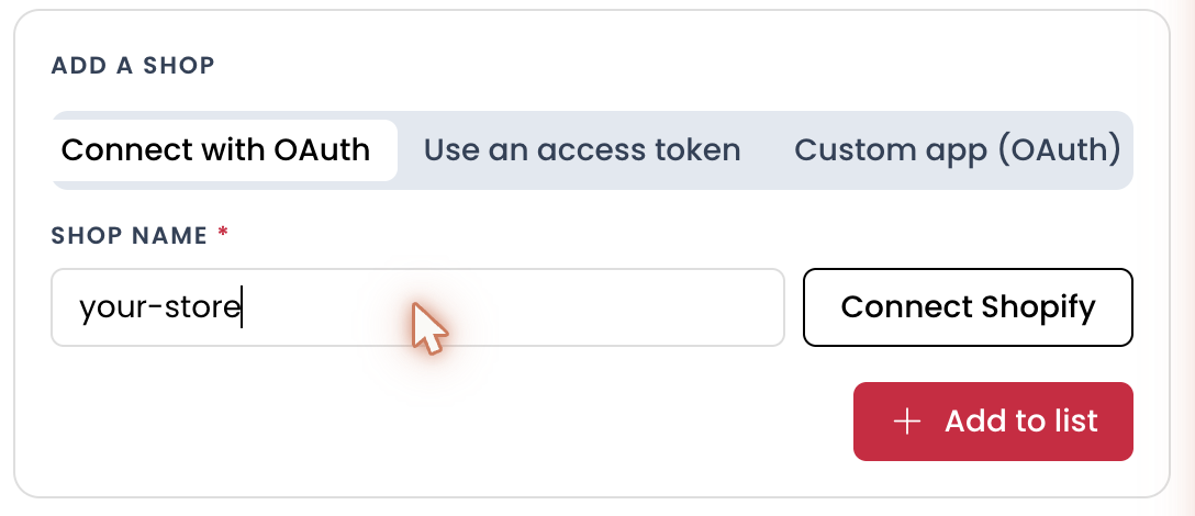 Connect with OAuth tab in the Trackian Shopify connect drawer