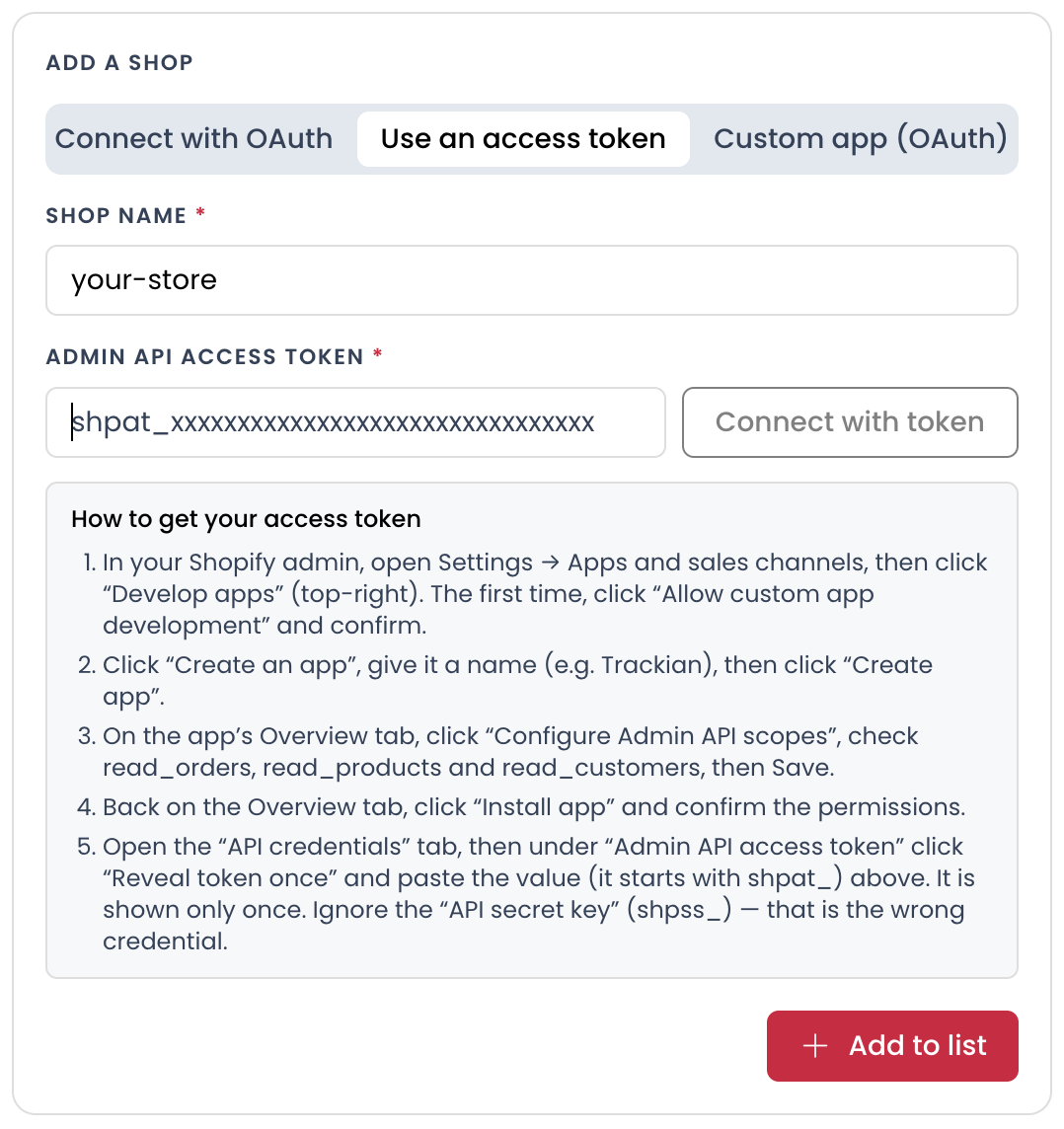 Use an access token tab, with its in-app setup instructions