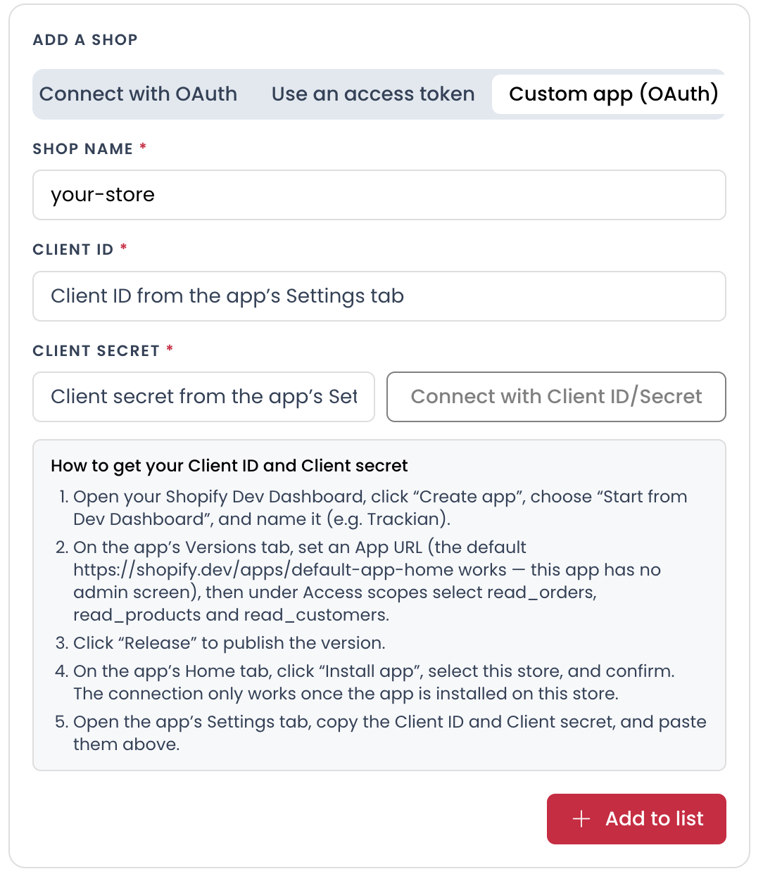 Custom app (OAuth) tab, with its in-app setup instructions