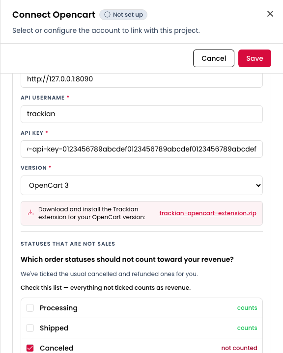 Trackian connect drawer with the module download link