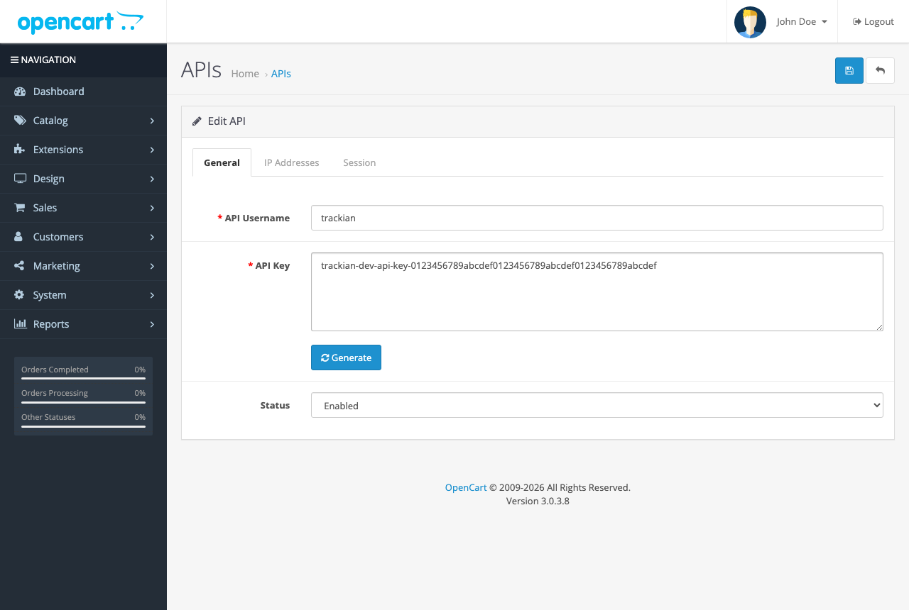 OpenCart API user with a generated key