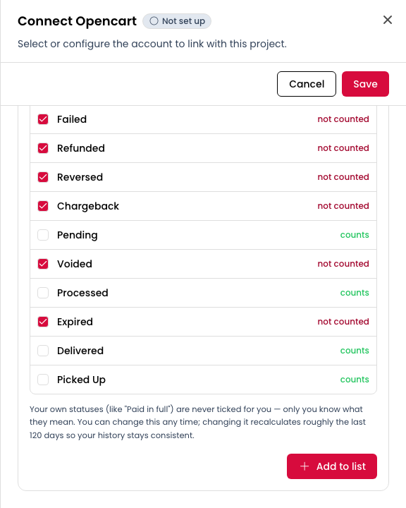 Choosing which order statuses don't count as revenue