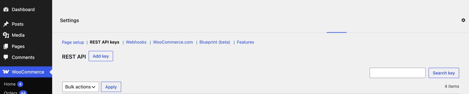 The REST API keys screen in WooCommerce, with the Add key button