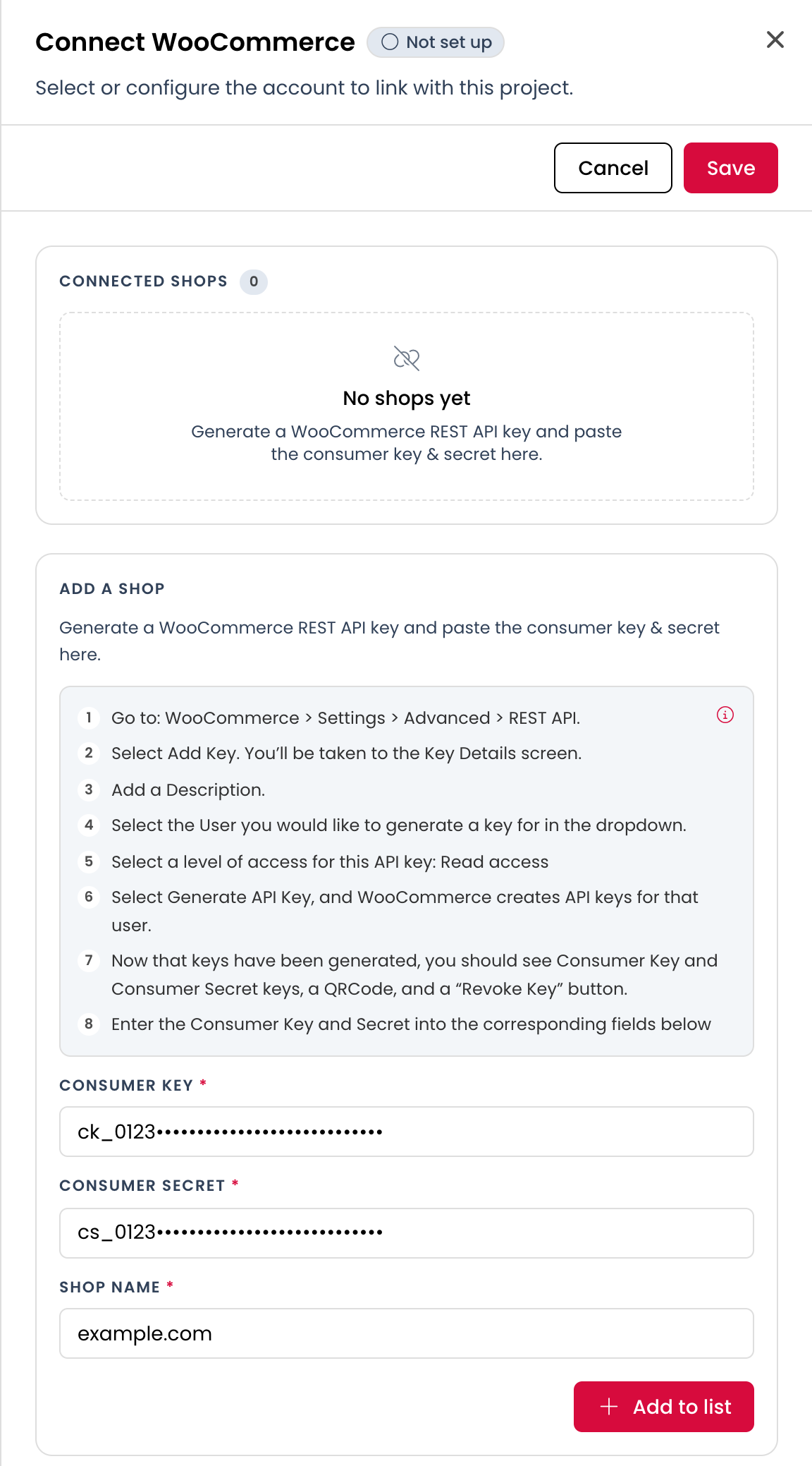 The Connect WooCommerce panel with the three fields filled in