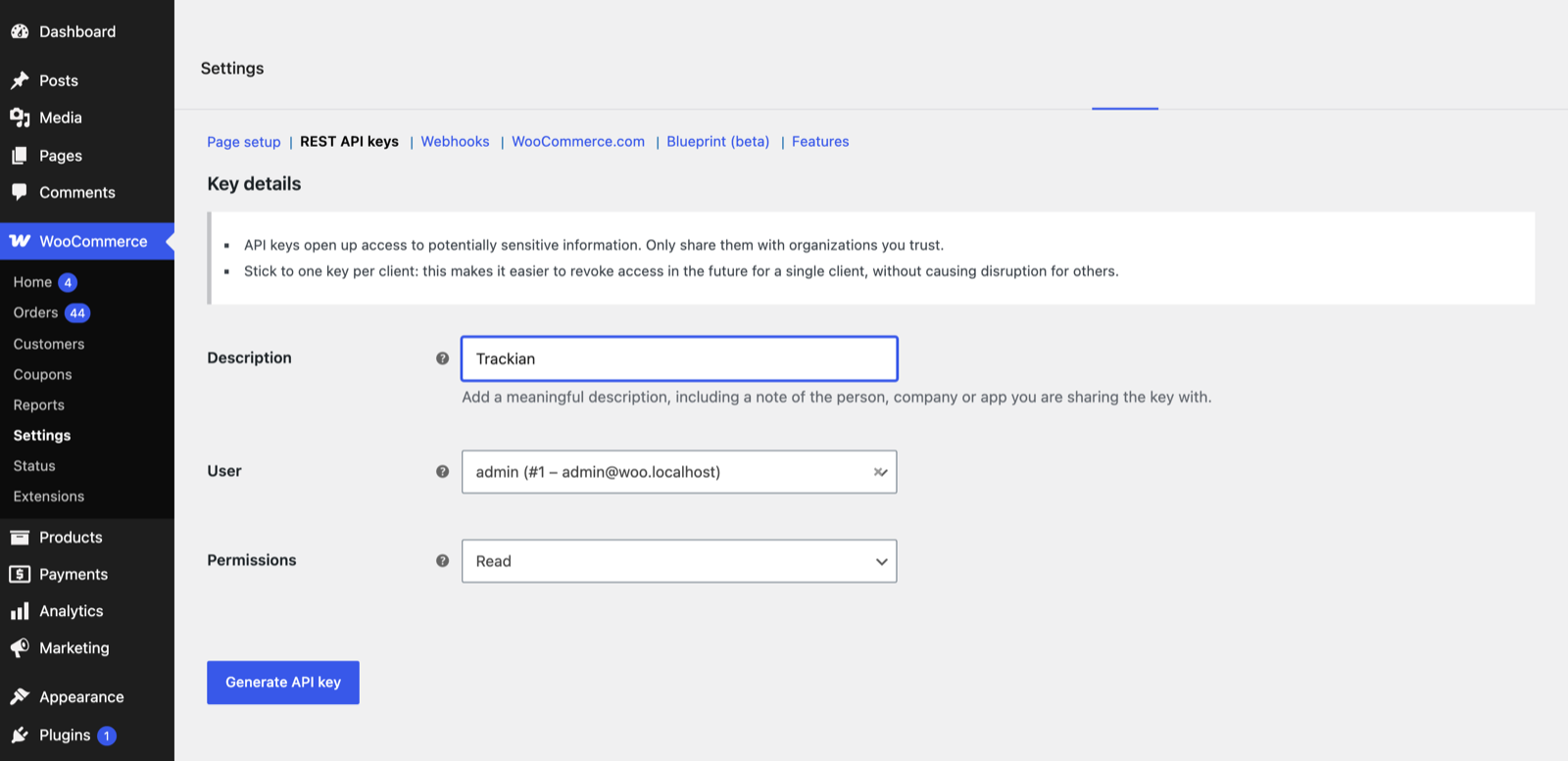 The Key details form with Description, User and Permissions set to Read