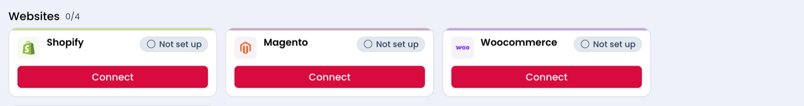 The Websites section of the Platforms page, showing the Woocommerce card