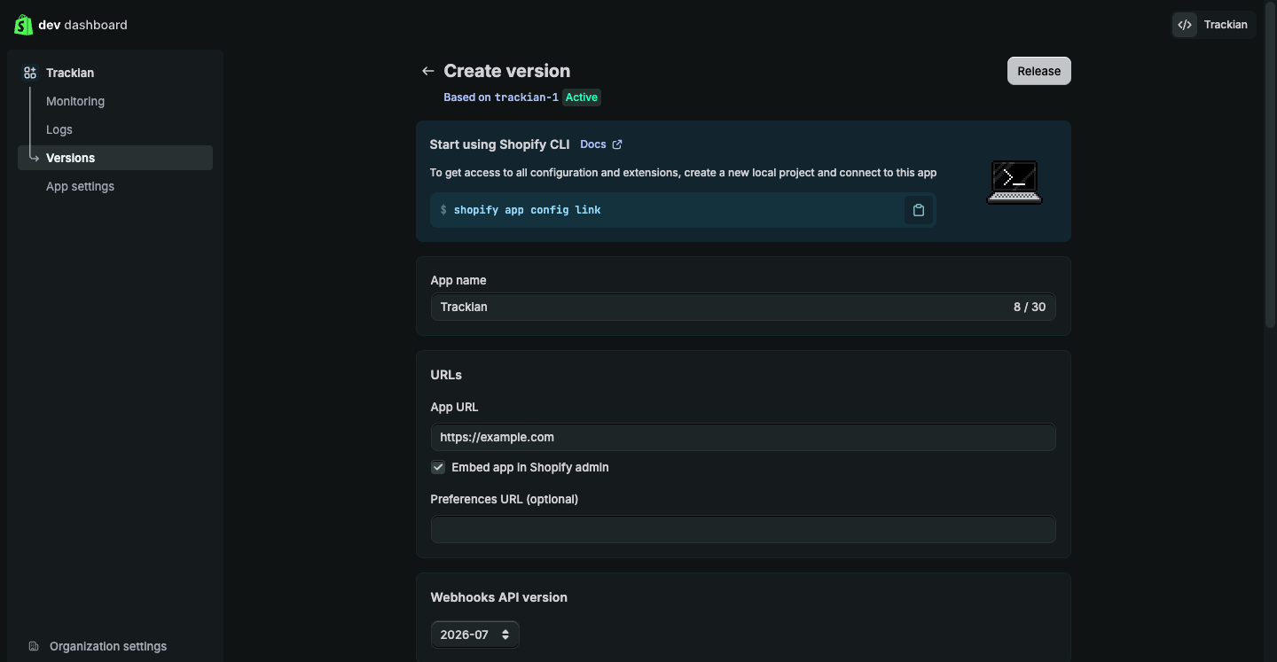 The Create version page with the App name and App URL fields