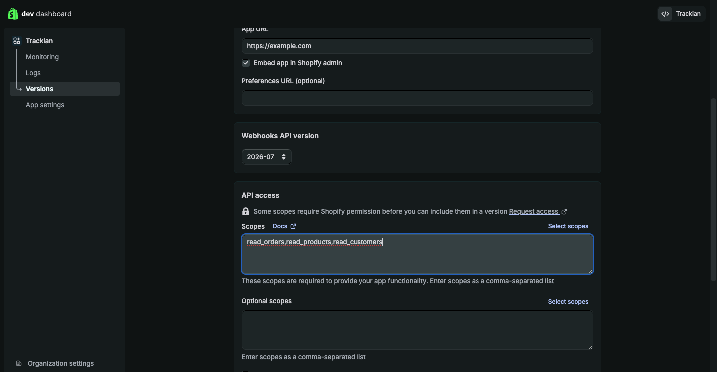 The API access section with the three read scopes entered