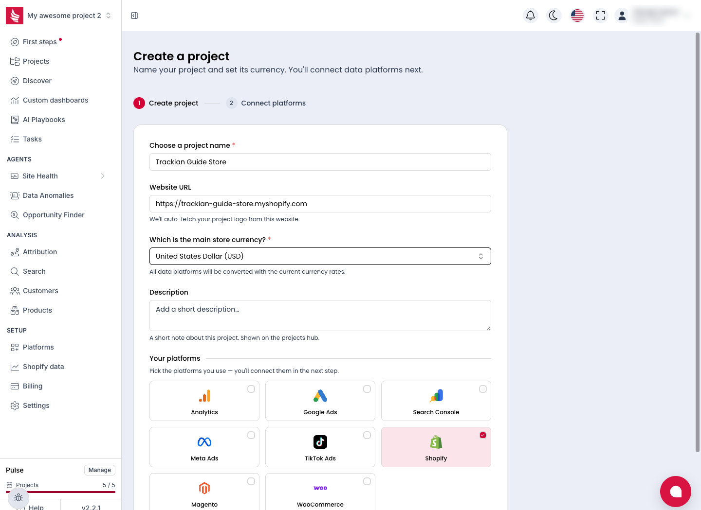 The Create a project form with Shopify selected as a platform