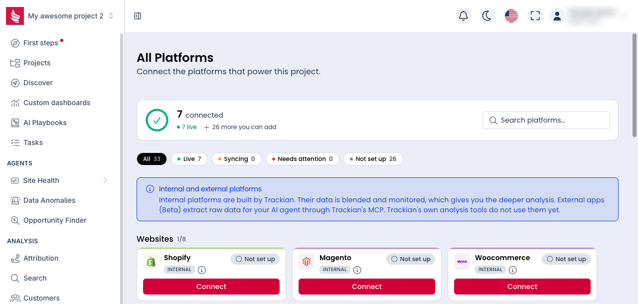 The Platforms page with the Shopify card showing a Connect button