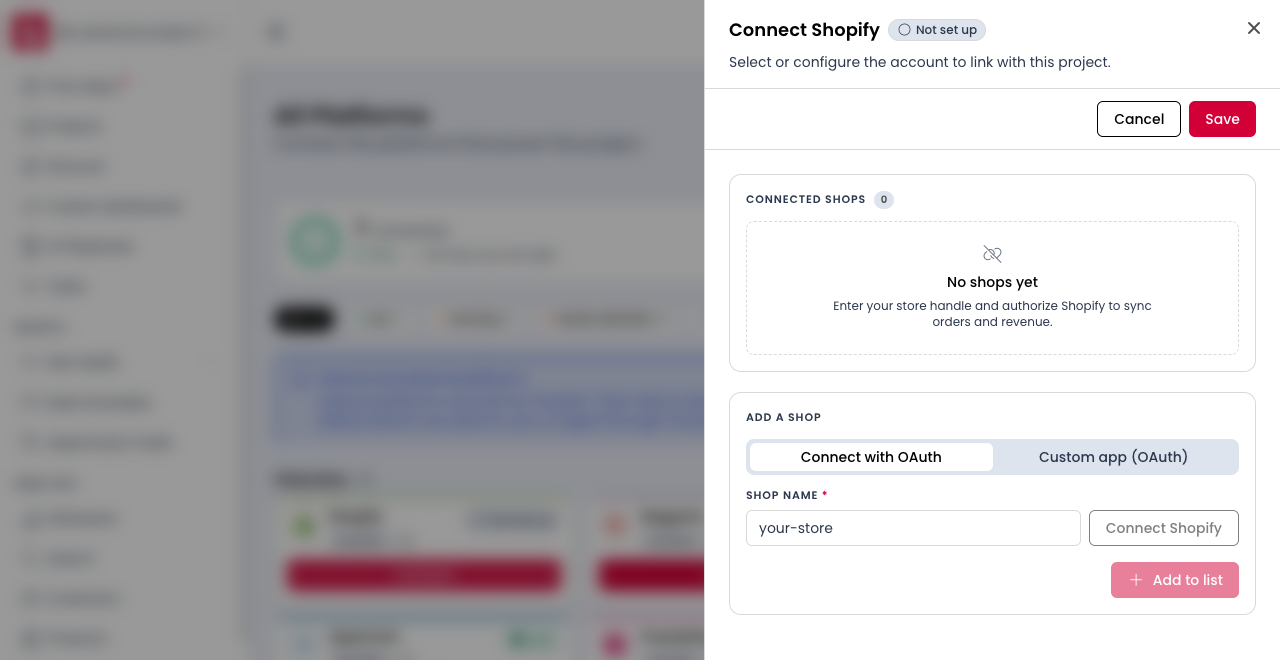 The Connect Shopify panel with the two connection tabs